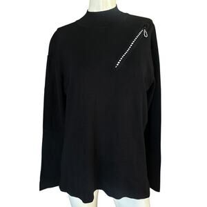 Von Saken Black Rhinestone Zip Mock Neck Long Sleeve Top Size Small